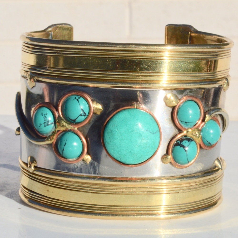 Turquoise Copper Brass Wide Cuff Bracelet Silver - Picture 2 of 8